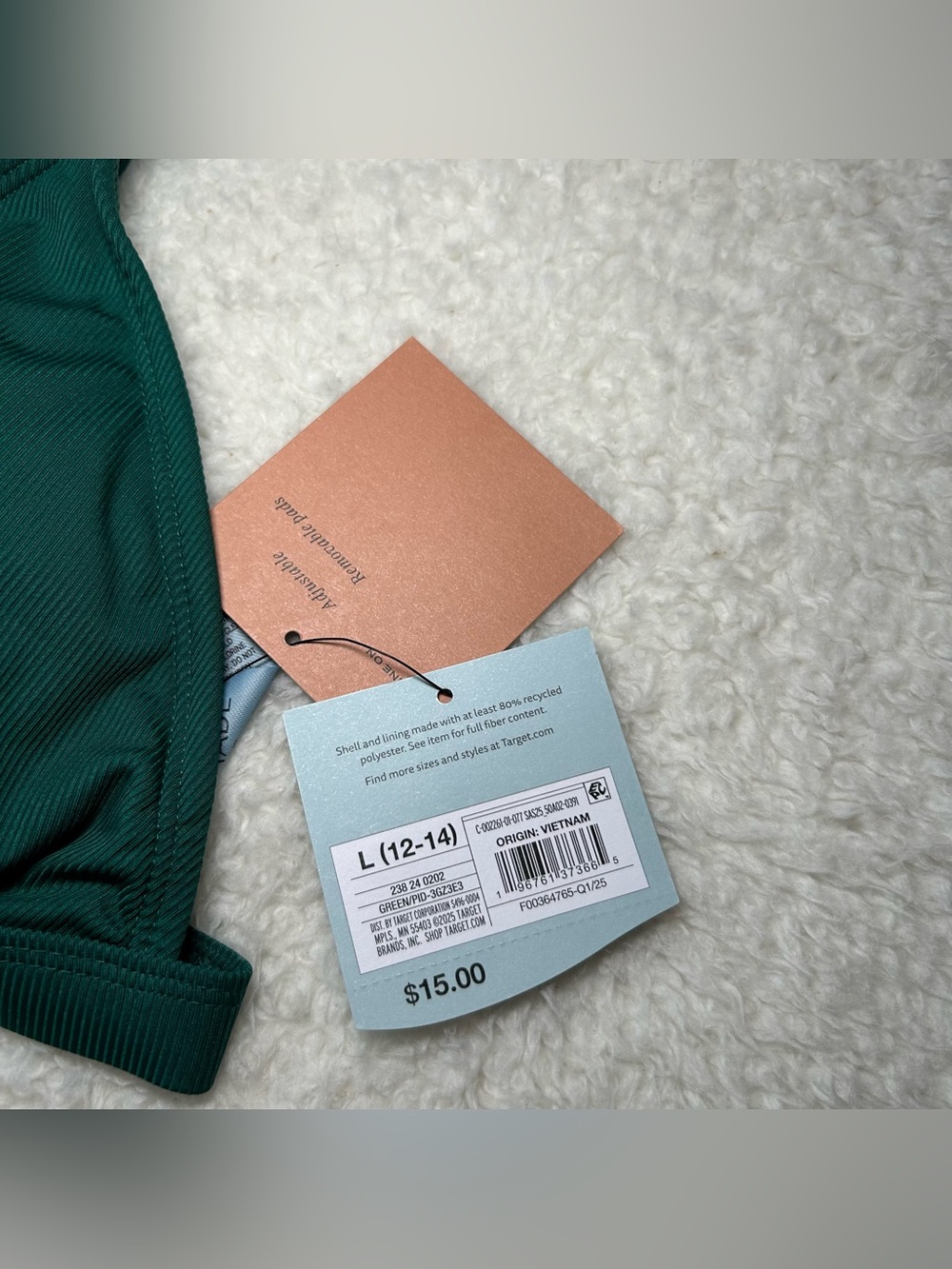 Shade & Shore Dark Green Triangle Ribbed Bikini Top Large NEW - Picture 3 of 4
